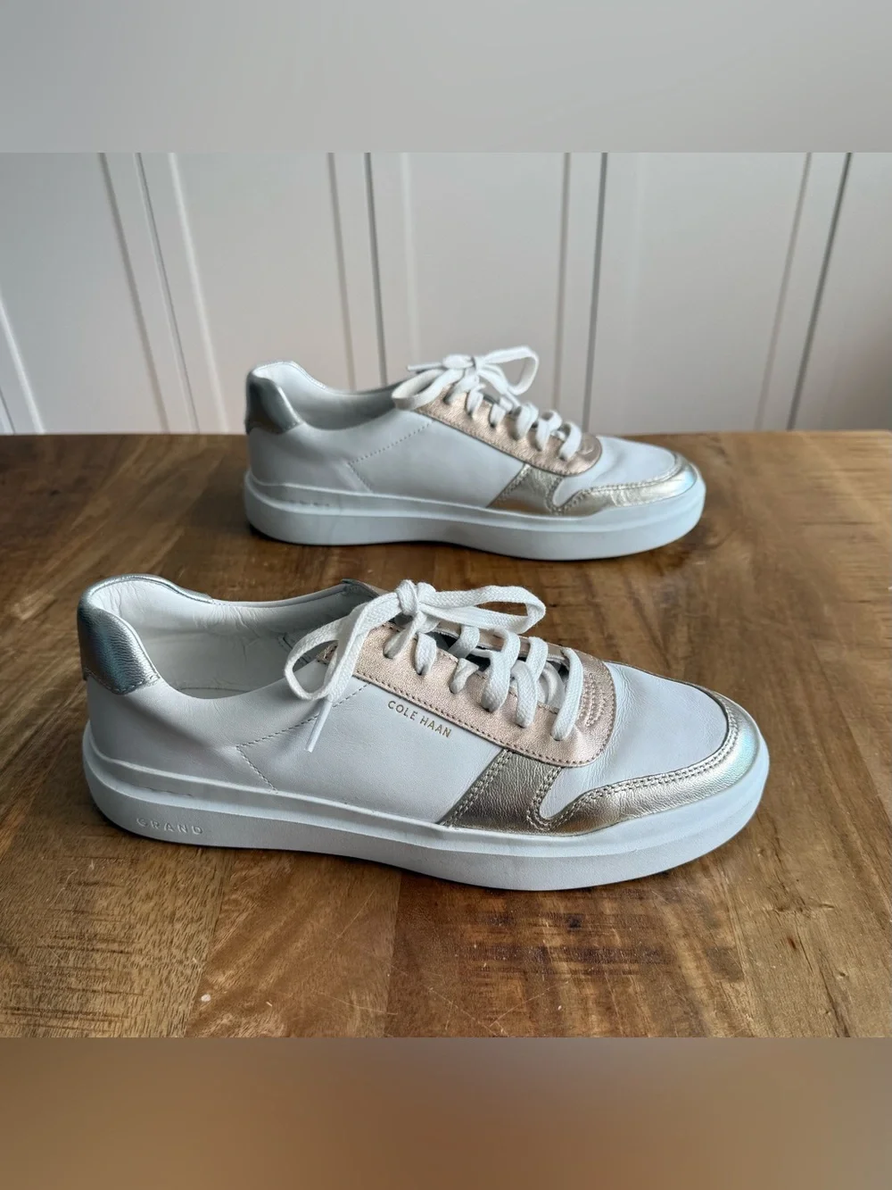 Cole Haan Grandpro White Leather Sneakers with Metallic Accents